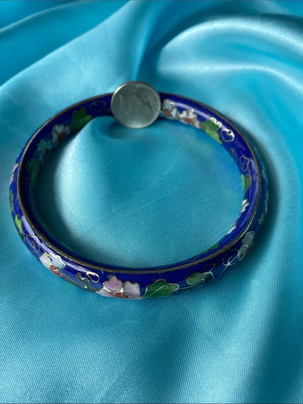 Vintage Blue Floral Cloisonné Bangle Bracelet with Pink Accents